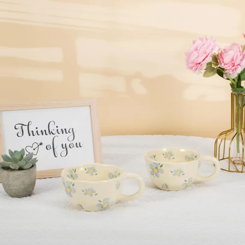 Miniatura 2 de Koythin 2 Piezas de Tazas de Café de Cerámica, Taza Creativa Linda con Flores para Oficina y Hogar, Taza Estética de 8.5 oz/250 ml para Café con 2