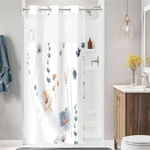 Gibelle Juego de cortina de ducha pequeña sin gancho con forro de tela a presión, 36 x 74 pulgadas, cortina de ducha de flores azules y beige con