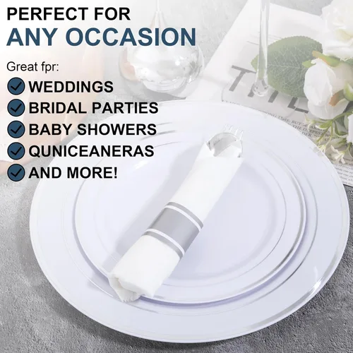 Miniatura 2 de 400 piezas de cubiertos de plástico plateado preenrollados - Cubiertos de plata resistentes - Incluye 100 paquetes de utensilios desechables Plata