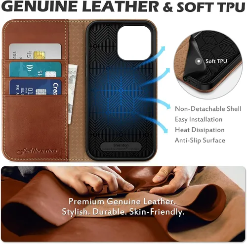 Miniatura 8 de SHIELDON Funda para iPhone 14 Pro Max 5G, funda de piel auténtica tipo cartera con función atril y bloqueo RFID, magnética, a prueba de golpes