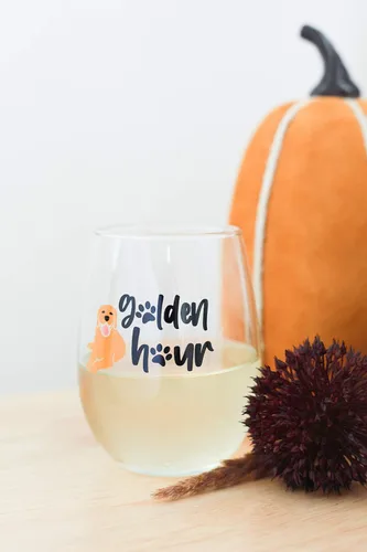 Golden Retriever Golden Hour - Copa de vino sin tallo, regalos divertidos para mujeres, mamá, mejor amiga, hermana, novia, esposa, amantes de los