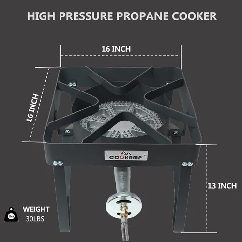 Miniatura 3 de COOKAMP Quemador de Propano de Alta Presión 200,000 BTU Banjo de 1 Quemador para Exterior con Regulador Ajustable de 0-30 PSI y Manguera de Acero