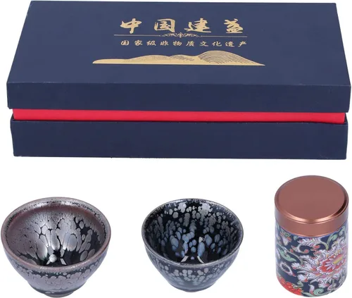 Alvinlite Jianzhan Teacup Tenmokus Kung Fu Juego de té chino Taza de té Bote de té 2 piezas Tazón de té de cerámica con gran esmalte Artesanías Caja