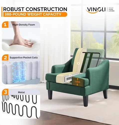 Miniatura 4 de VINGLI Juego de 2 sillas decorativas de tela de lino, sillón tapizado moderno verde, cómodo sofá, sala de estar, dormitorio, muebles para apartamento