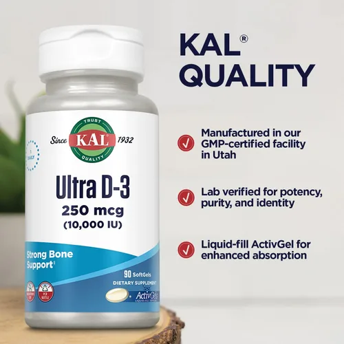 Miniatura 5 de KAL Ultra Vitamina D3 10000 UI (250 mcg) - Cápsulas blandas de vitamina D de alta potencia para mujeres y hombres - Huesos fuertes y suplemento