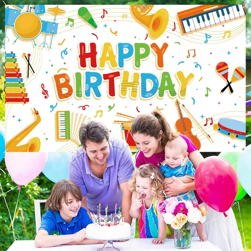 Miniatura 5 de Cartel de notas musicales para niños, decoración de feliz cumpleaños, instrumento musical, fondo de fiesta de rock and roll para niños y niñas