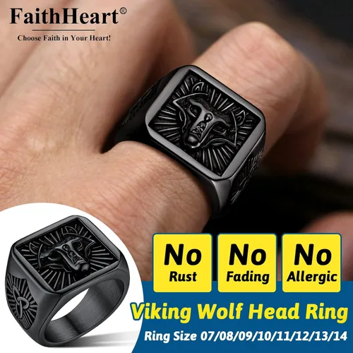 Miniatura 2 de FaithHeart Anillos de sello de cabeza de lobo para hombres y mujeres, anillo vikingo nórdico de acero inoxidable, tamaño 7891011121314 personalizado