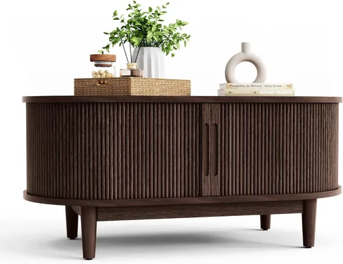 Miniatura 9 de LINSY HOME - Mesa de centro redonda, mesa de centro de 31.5" con puerta de tambor deslizante, mesa auxiliar acampanada con almacenamiento, mesa