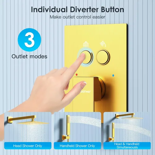 Miniatura 2 de Juego de grifo de ducha con desviador de botón y codo de suministro de pared, cabezal de ducha de 10 pulgadas, dorado cepillado