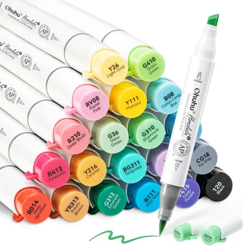 Ohuhu Honolulu 2 - Marcadores de alcohol, punta de pincel, certificado AP, 24 colores básicos, doble punta a base de alcohol, juego de marcadores