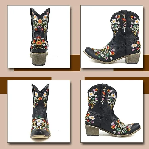 Miniatura 4 de Vimisaoi Botas de tobillo para mujer, estilo retro, puntiagudas, tacón medio, bordadas, vaquera occidental, botas vaqueras