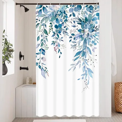 Miniatura 9 de Cortina de ducha extra larga de eucalipto gris y blanco de 84 pulgadas, cortinas de ducha de hojas florales grises para baño, cortina de baño
