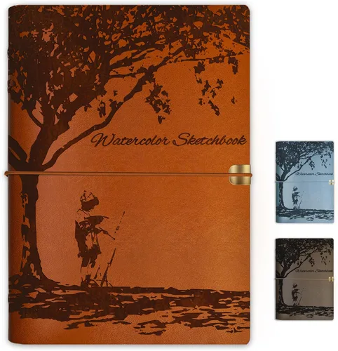 Miniatura 8 de Cuaderno de bocetos de acuarela, diario de acuarela de cuero, 9.06 x 6.69 pulgadas, 140 libras/300 GSM, 24 hojas, 48 páginas, papel de acuarela 100%