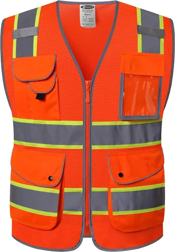 Miniatura 22 de JKSafety Chaleco de seguridad frontal con cremallera de alta visibilidad de 9 bolsillos de color dual MESH Lite Tira reflectante con ribete