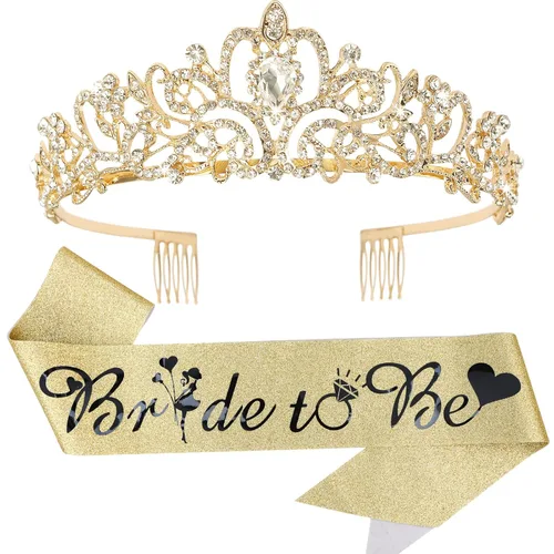 Miniatura 13 de Kit de corona de novia y corona de novia, decoraciones de CIEHER para despedida de soltera, oro rosa, corona de princesa para mujeres y niñas