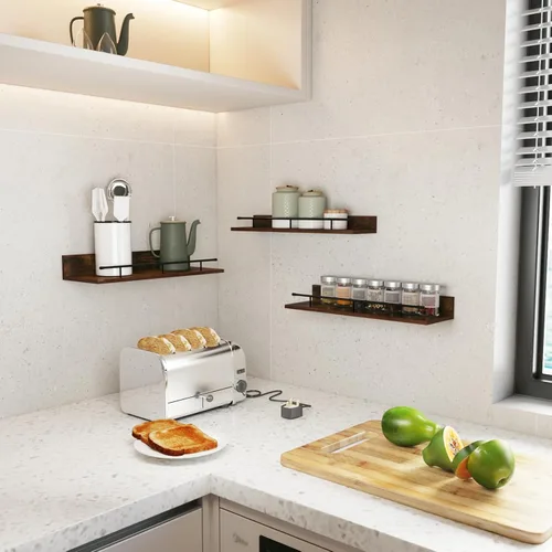 Miniatura 2 de Giftgarden Estantes flotantes negros de 16 pulgadas con barandilla de metal negro, estantes de madera para almacenamiento de pared, juego de 3