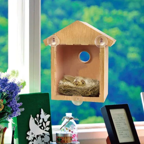 Miniatura 3 de Ochine Casa para pájaros con ventosa fuerte, casa de pájaros de madera, ventana transparente, comedero para pájaros al aire libre, jaula para nido