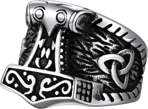FaithHeart Norse Viking Jewelry - Anillo de acero inoxidable de guerrero para hombre con diseño vikingo de cabeza de lobomartillo de Thor,