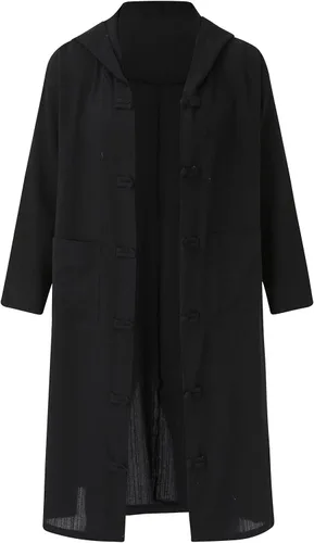 Capa de gabardina para hombre con capucha de algodón y lino, camisa Henley, gabardina larga, abrigo de lino suelto estilo japonés retro