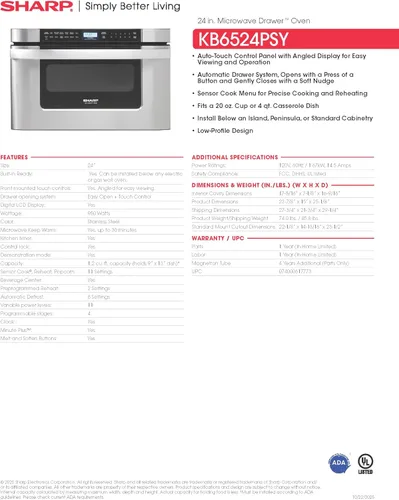 Miniatura 8 de SHARP KB6524PSY Horno de Microondas con Cajón, 24 pulgadas, 1.2 pies cúbicos, 950 vatios, Panel de Control Táctil Angulado, Acero Inoxidable