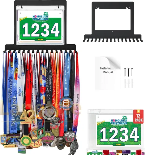 Miniatura 14 de Colgador de medallas para carreras, exhibición de medallas de maratón y colgador de medallas para corredores, exhibición de medallas con dorsal