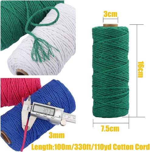 Miniatura 2 de Cuerda de algodón para macramé de 109 yardas de 0.118 pulgadas, 4 hebras trenzadas, cuerda para envolver colgadores de plantas, tejer, suministros