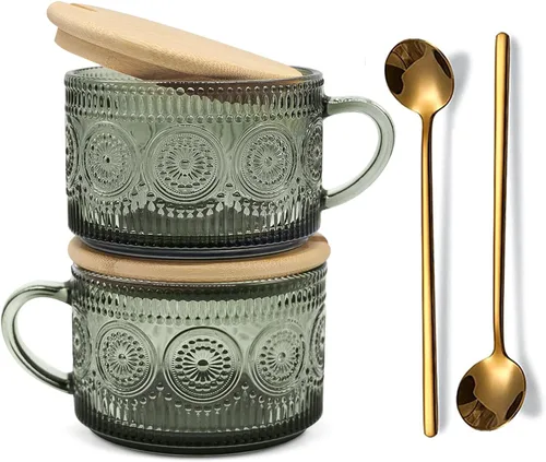 Miniatura 9 de Tazas de café de vidrio vintage, juego de 2 tazas de té de cristal en relieve de 14 onzas para desayuno, postre, capuchino, latte, cereales, yogur