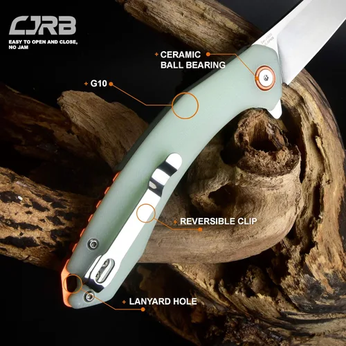 Miniatura 7 de CJRB Cuchillo de bolsillo plegable pequeño con hoja de acero en polvo Stonewash AR-RPM9 y mango G10 cuchillo táctico para hombres y mujeres, EDC al