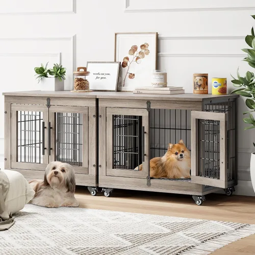Miniatura 23 de YaFiti Mueble de jaula para perros con cojín, perrera de madera para interiores con puertas dobles, jaula para perros con ruedas, mesa auxiliar