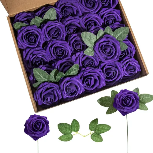 Miniatura 20 de Rosa artificial de espuma de 25 piezas de rosas falsas de aspecto real con tallos y hojas para decoración del hogar, fiestas, jardín, centros