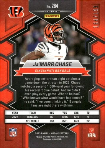 Miniatura 2 de 2023 PANINI MOSAIC NATIONAL PRIDE MOSAIC ORANGE #264 JA'MARR CHASE /199 CINCINNATI BENGALS FOOTBALL OFFICIAL TRADING CARD OF NFL
