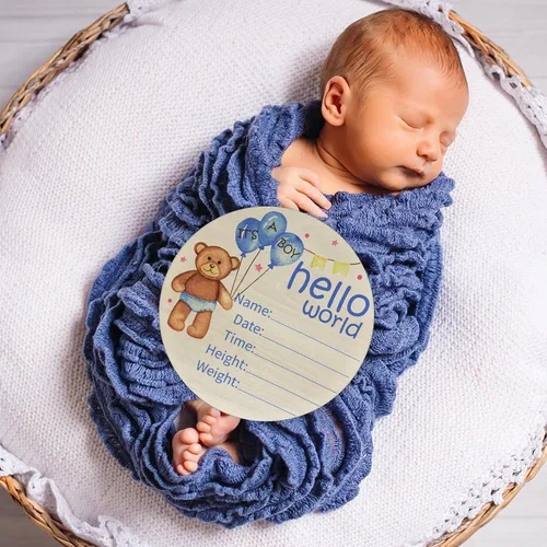 Miniatura 8 de Hello World Birth Announcement - Cartel redondo de madera de abedul para recién nacido, para guardería, hospital, baby shower, placa personalizada