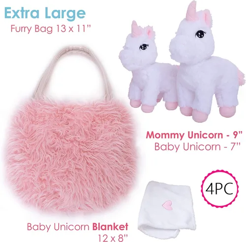 Miniatura 2 de Perfectto Design Juguetes de unicornio para niñas de 3, 4, 5 años. Set de 4 piezas - Animal de peluche mamá bebé, bolso y una manta para muñeca.