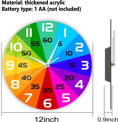 Miniatura 2 de Reloj de aprendizaje con rueda de color arcoíris, reloj de enseñanza de 12 pulgadas para niños, reloj de pared analógico para aula, movimiento