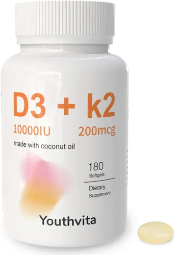 D3 k2 Vitamina 10000 iu, 180 cápsulas blandas de aceite de coco | Suplemento de vitaminas 2 en 1 D3 10000 UI y K2 (MK7) 200 mcg, fácil de tragar,