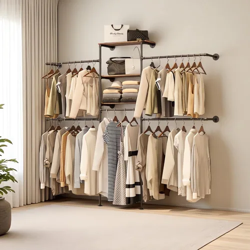 Miniatura 8 de KaKaBB Perchero de ropa estilo tubería industrial - Perchero de ropa de alta resistencia para montar en la pared, sistema de armario en esquina