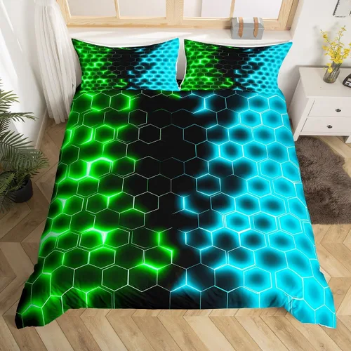Miniatura 12 de Funda de edredón hexagonal verde estereoscópica de nido de abeja para niños, diseño geométrico de colmena, funda de edredón geométrica de panal