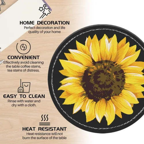 Miniatura 3 de Posavasos para bebidas de piel sintética, juego de 6 con soporte, regalo de inauguración de la casa, decoración del hogar, girasol de acuarela negro