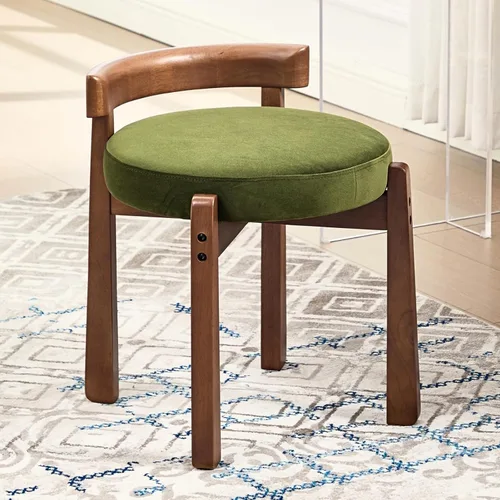 Miniatura 8 de HEAH-YO Silla de tocador de madera con respaldo, reposapiés otomano pequeño tapizado de felpilla, silla de maquillaje moderna de mediados de siglo