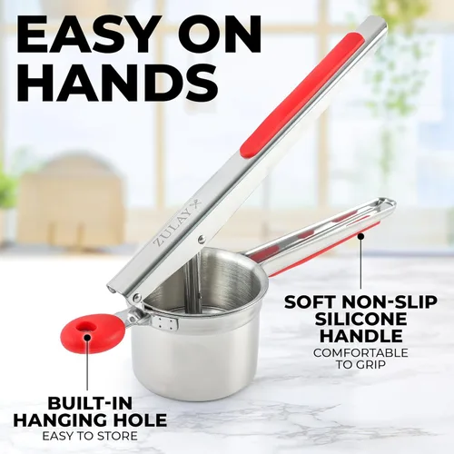 Miniatura 9 de Zulay Kitchen Premium Grande Ricer de Patatas de 15oz, Herramienta de Cocina Profesional de Acero Inoxidable Pesado Triturador y Ricer de Patatas