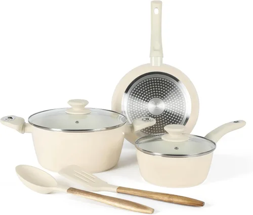 Gibson Home Plaza Café - Juego de utensilios de cocina de aluminio forjado, saludable, sin PFA, ollas y sartenes de cerámica, juego de 7 piezas,