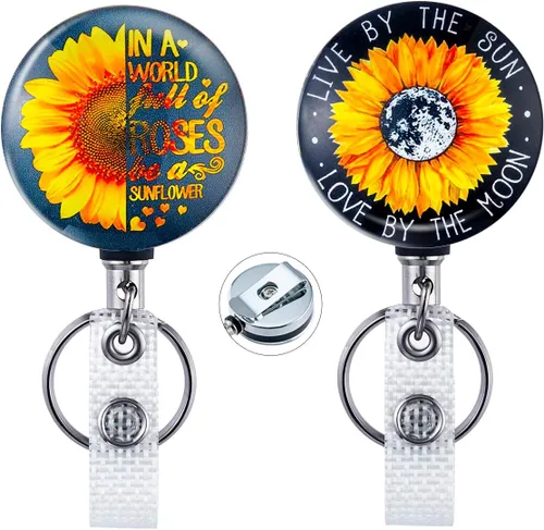 2 carretes retráctiles para insignias, divertido carrete de insignia de girasol con clip para cinturón y llavero retráctil de metal, cable de