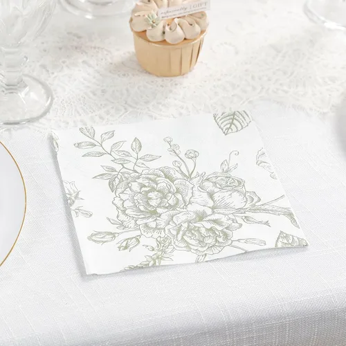 Miniatura 22 de Efavormart - Paquete de 20 servilletas de papel con estampado floral blanco y verde salvia, altamente absorbentes, suaves, de 2 capas, desechables