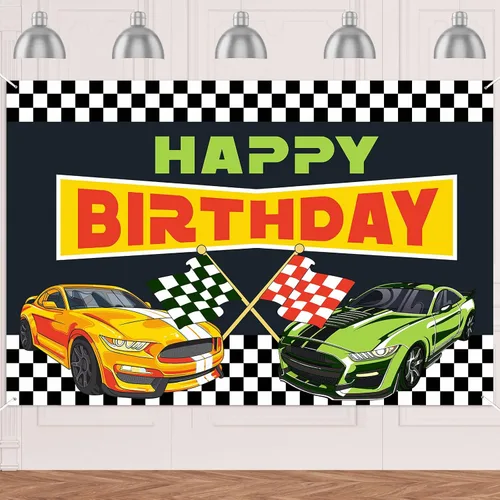RaceCar - Cartel de feliz cumpleaños de carreras de autos de carreras, decoración temática deportiva, decoración para interiores y exteriores,