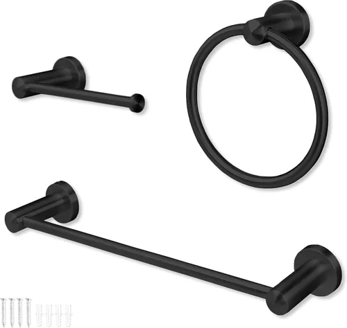 Ilyapa Juego de accesorios de baño negro, juego de 3 piezas para montaje en la pared, barra para toallas, soporte para papel higiénico, anillo para