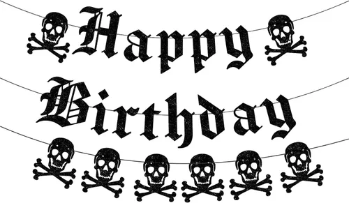 Cartel gótico de feliz cumpleaños, guirnalda de calavera inglesa antigua con purpurina negra, divertida pancarta de cumpleaños funerario para fiesta