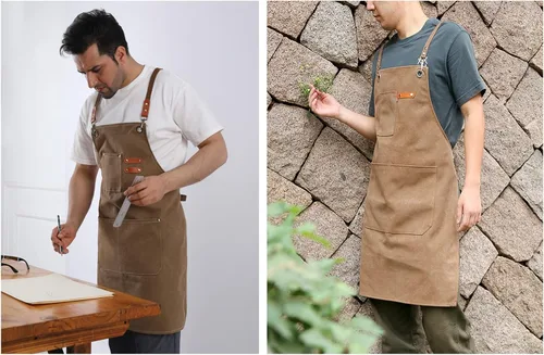 Miniatura 7 de Delantal de lona resistente para herramientas de trabajo, delantales de algodón para chef con bolsillos grandes..
