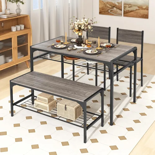 Miniatura 2 de COSTWAY Juego de mesa de comedor de 4 piezas, mesa de cocina y 2 sillas para 4 con banco, estantes de almacenamiento, marco de metal y diseño que