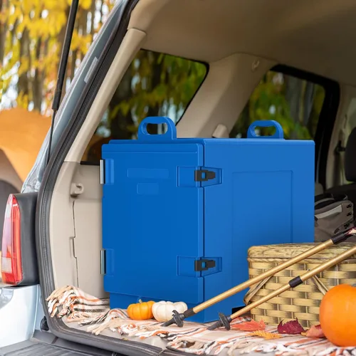 Miniatura 8 de COSTWAY Calentadores de alimentos para catering, cajas calientes para 5 sartenes de tamaño completo, capacidad de 81 cuartos de galón, diseño Azul