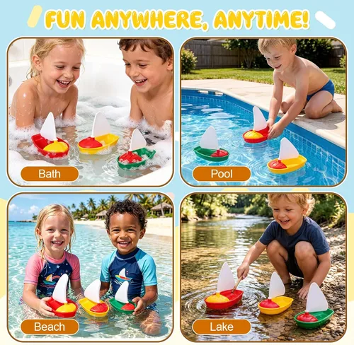 Miniatura 3 de Toyvian Barco y velero de juguete de baño, 3 piezas para niños pequeños, sin moho, pequeños barcos de plástico para bañera, juguetes acuáticos